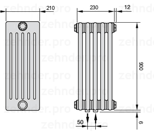 Схема (чертеж) Радиатор Zehnder Charleston 6090/5 №5410 Белый глянцевый RAL 9016